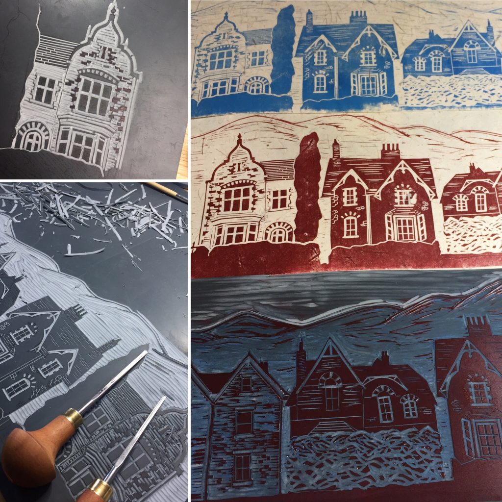 Linocut Victorian houses