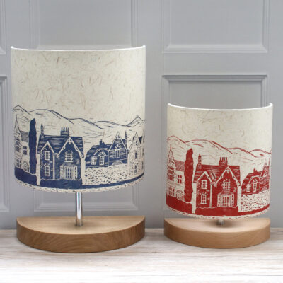 Victorian houses handprinted onto half lampshades