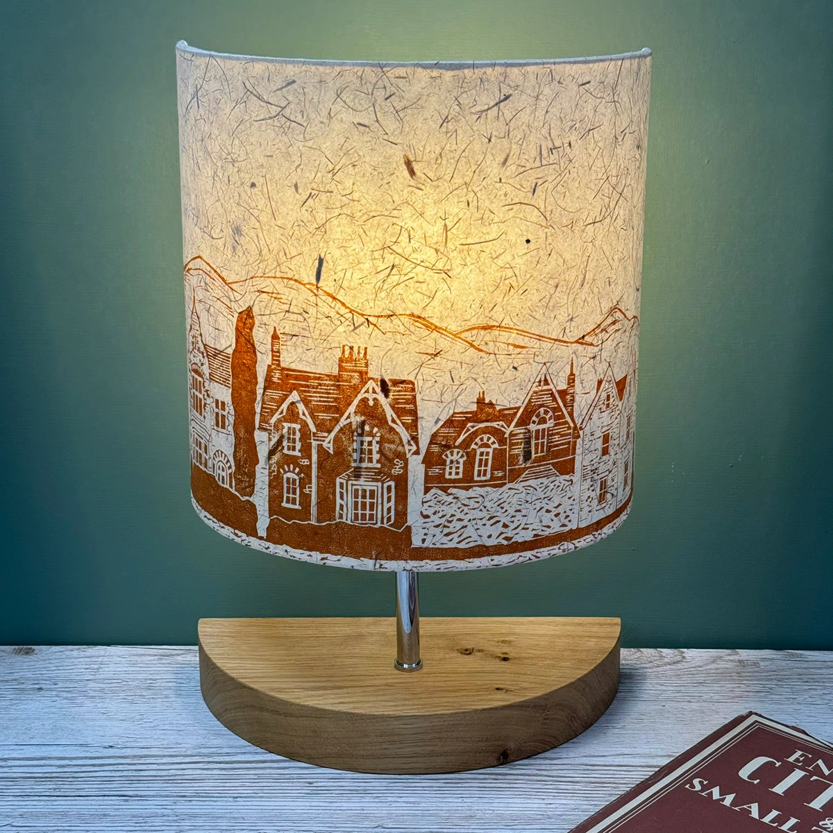Caramel houses handprinted on cream table lampshade