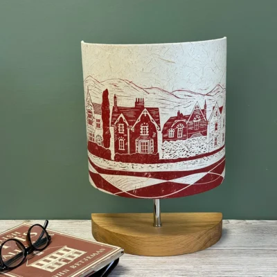 Claret houses printed onto handcrafted table lamp by ArtShades
