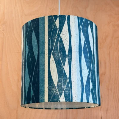 Handprinted drum lampshade in teal abstract design