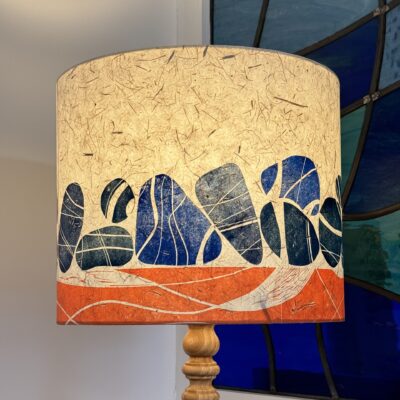 Blue and orange handprinted pebbles drum lampshade by ArtShades