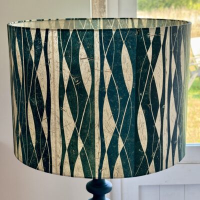 Handprinted teal large drum shade for floor lamp by ArtShades