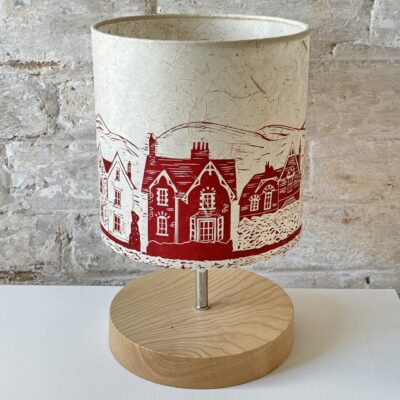 Dark red handprinted houses table lamp by ArtShades