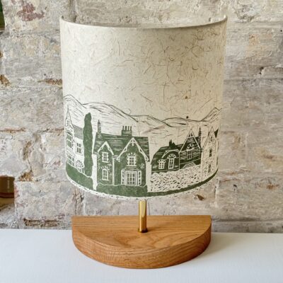 Soft green handprinted houses bedside table lamp