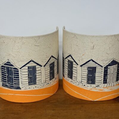 Half light shades with beach huts and sand by Sarah at ArtShades